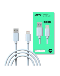Prevo USB-LIGHTNING-2M Lightning Cable, USB 2.0 A (M) to Apple Lightning (M), 2m, White, MFI Certified, Fast Charging up to 2.1A, Data Sync Rate up to 480Mbps, Superior Design & Performance, Retail Box Packaging