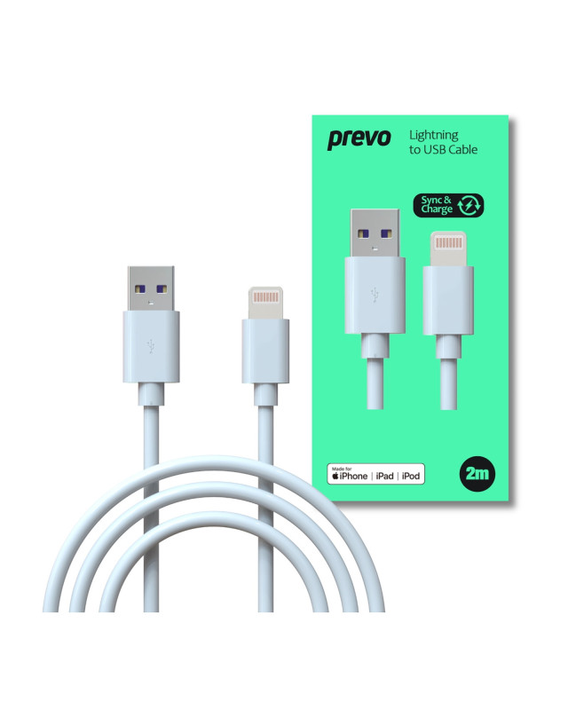 Prevo USB-LIGHTNING-2M Lightning Cable, USB 2.0 A (M) to Apple Lightning (M), 2m, White, MFI Certified, Fast Charging up to 2.1A, Data Sync Rate up to 480Mbps, Superior Design & Performance, Retail Box Packaging