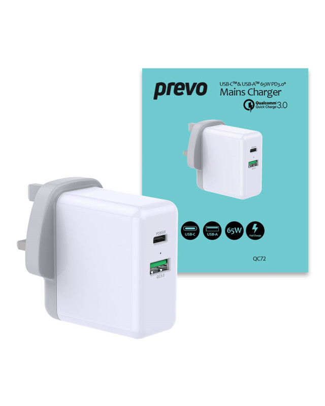 Prevo QC72 65W USB Type-C & USB Type-A Fast Charge Mains Charger with Qualcomm Quick Charge 3.0 and 1.5m 100W USB-C Cable for Laptops, Ultrabooks, Chromebooks, iPads, MacBooks, Smartphones, Tablets, Mobile Devices, Action Cameras, DSLRs