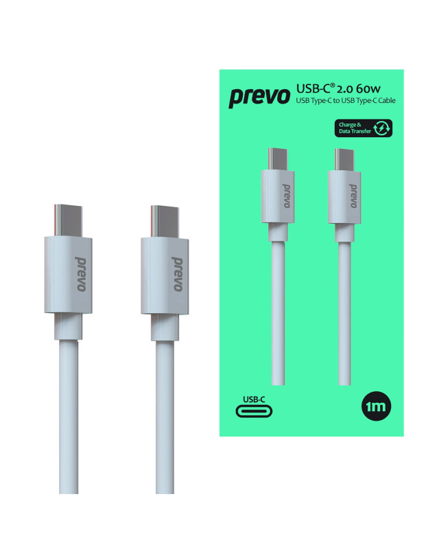 Prevo USB 2.0 60W C to C PVC cable, 20V/3A, 480Mbps, White, Superior Design & Performance, Retail Box Packaging