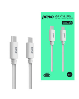 Prevo USB 3.2 100W C to C cable, 20V/5A, 10GB/20GB/s, White, Superior Design & Performance, Retail Box Packaging