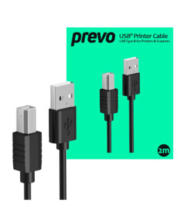 Prevo USBA-USBB-2M USB Printer Cable, USB 2.0 Type-A (M) to USB 2.0 Type-B (M), 2m, Black, 480Mbps Transmission Rate, Suitable for Printers & Scanners, Retail Box Packaging