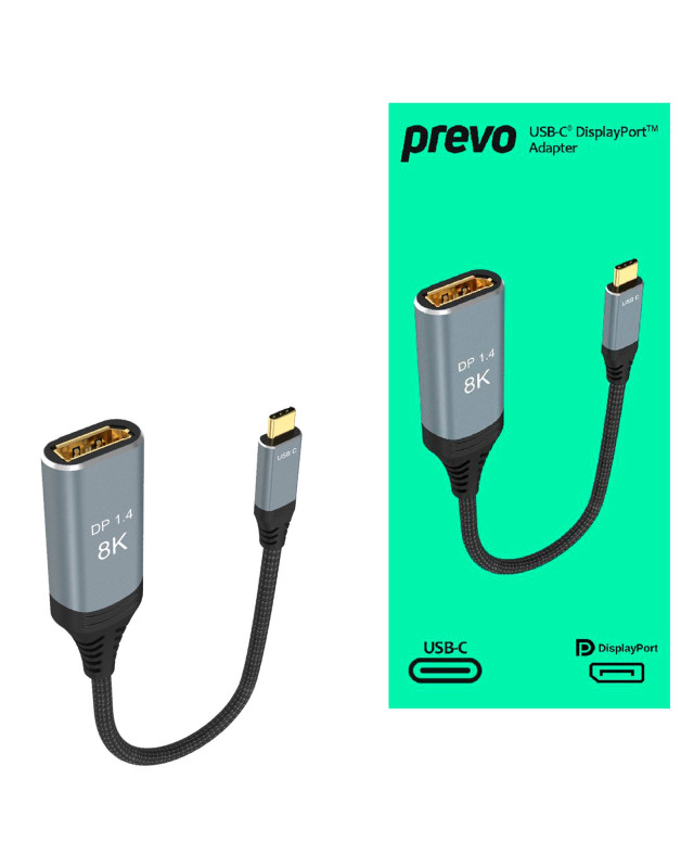 Prevo USBC-DP-ADA Display Converter Adapter, USB Type-C (M) to DisplayPort (F), 0.2m, Black & Silver, DisplayPort 1.4, Supports up to 8K@30Hz, Braided Cable, Retail Box Packaging