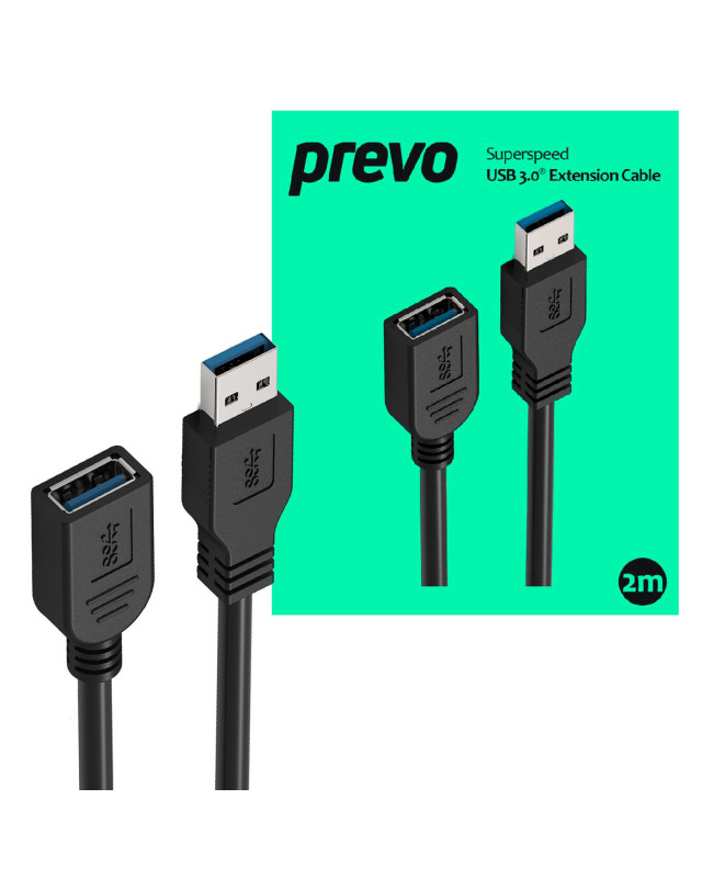 Prevo USBM-USBF-2M USB Extension Cable, USB 3.0 Type-A (M) to USB Type-A (F), 2m, Black, Up to 5Gbps Transmission Rate, Retail Box Packaging