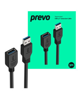 Prevo USBM-USBF-3M USB 3.0 Extension Cable, USB 3.0 Type-A (M) to USB Type-A (F), 3m, Black, Up to 5Gbps Transmission Rate, Retail Box Packaging