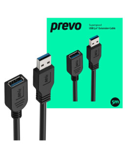 Prevo USBM-USBF-5M USB 3.0 Extension Cable, USB 3.0 Type-A (M) to USB Type-A (F), 5m, Black, Up to 5Gbps Transmission Rate, Retail Box Packaging