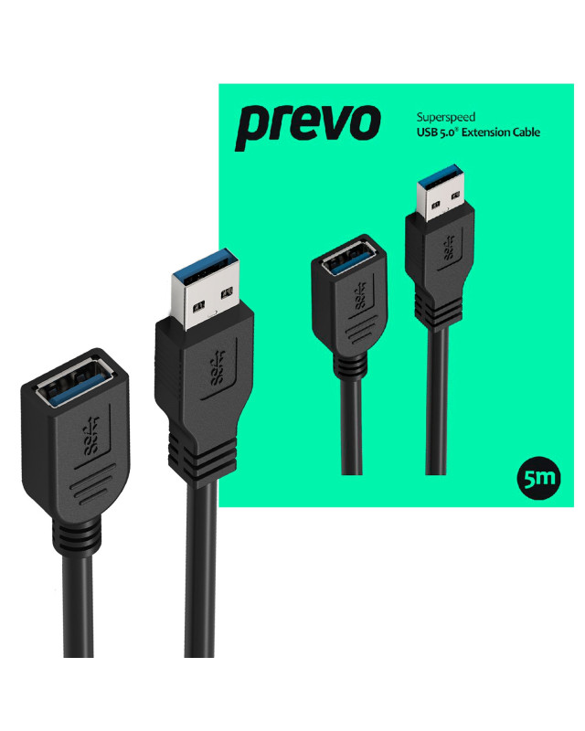 Prevo USBM-USBF-5M USB 3.0 Extension Cable, USB 3.0 Type-A (M) to USB Type-A (F), 5m, Black, Up to 5Gbps Transmission Rate, Retail Box Packaging