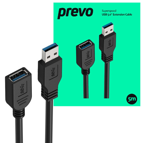 Prevo USBM-USBF-5M USB 3.0 Extension Cable, USB 3.0 Type-A (M) to USB Type-A (F), 5m, Black, Up to 5Gbps Transmission Rate, Reta