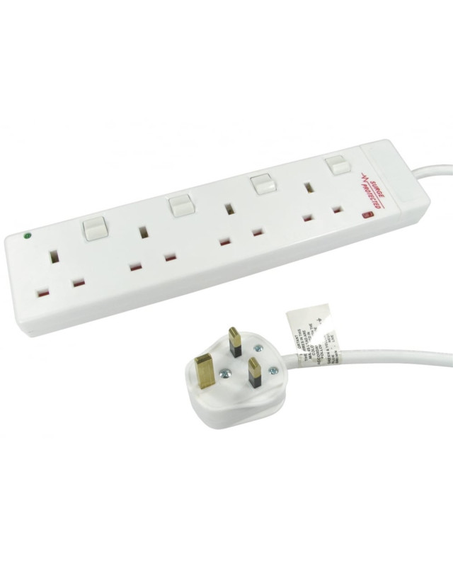2m 4 Gang Surge Protected LED Indicator Individually Switched UK Mains Extension - White