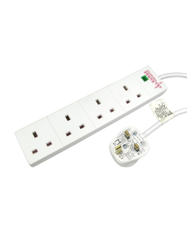 2m 4 Gang Surge Protected LED Indicator UK Mains Extension - White