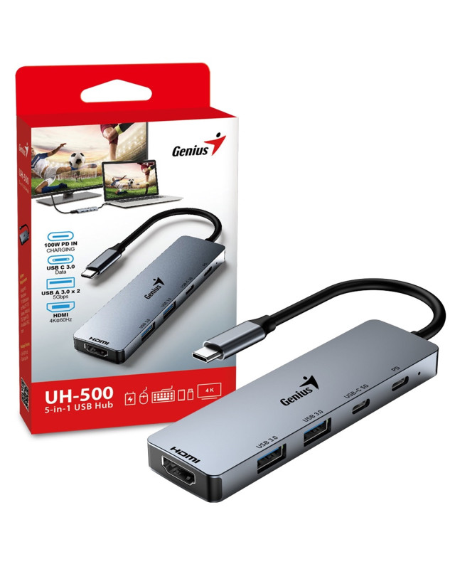 Genius USB Type-C 5-In-1 Hub Docking Station with USB-C 100W Power Delivery, USB-C 3.0, 2x USB A 3.0, 4K HDMI, PC, Laptop, Tablets, iPad, MacBook, iMac Compatible