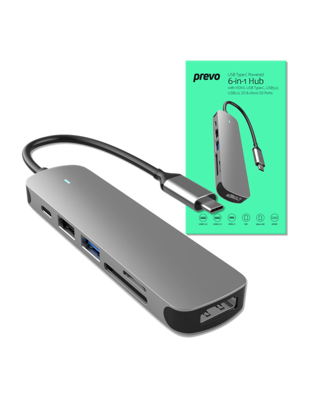 Prevo C605A 6-In-1 USB-C 4K Media and Data Transfer Hub Docking Station with 60W Passthrough, USB-C, HDMI, SD, USB-A  for PC, Laptop, Tablet - Windows and Mac iOS Compatible