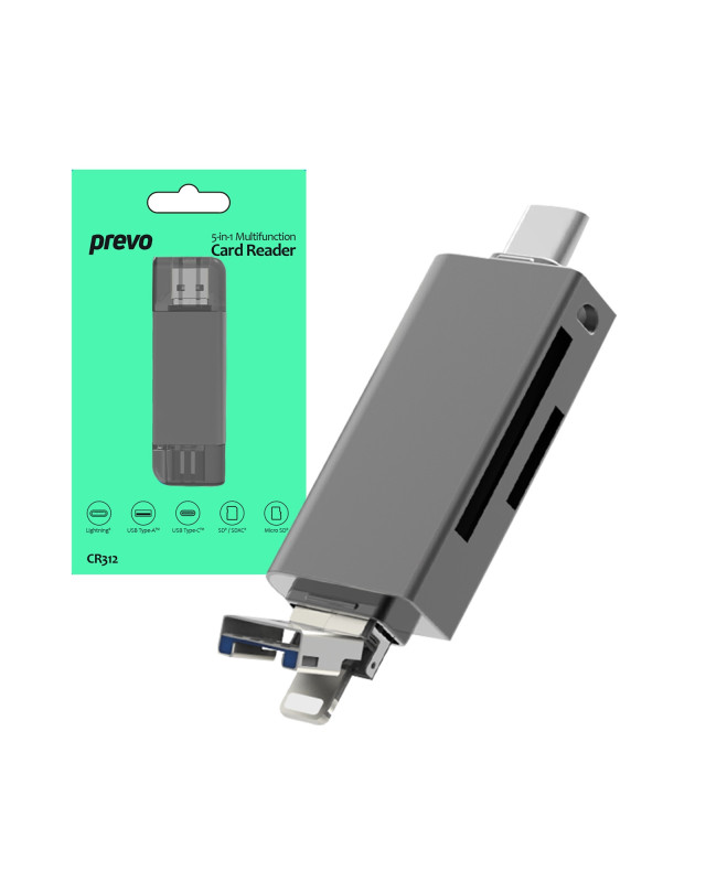 Prevo CR312 USB 2.0, USB Type-C and Lightning Connection, Card Reader, High-speed Memory Card Adapter Supports SD/Micro SD/TF/SDHC/SDXC/MMC, Compatible with Windows, Mac OS and Android, Black