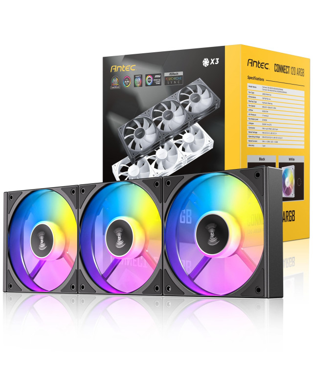 Antec Connect 120 ARGB 3-Pack 120mm PWM Fans with Daisy Chain Design and Vibration-Absorbing Pads