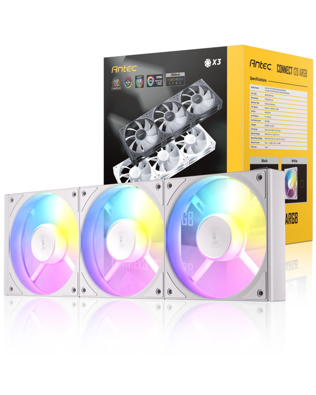Antec Connect 120 White ARGB 3-Pack 120mm PWM Fans with Daisy Chain Design and Vibration-Absorbing Pads
