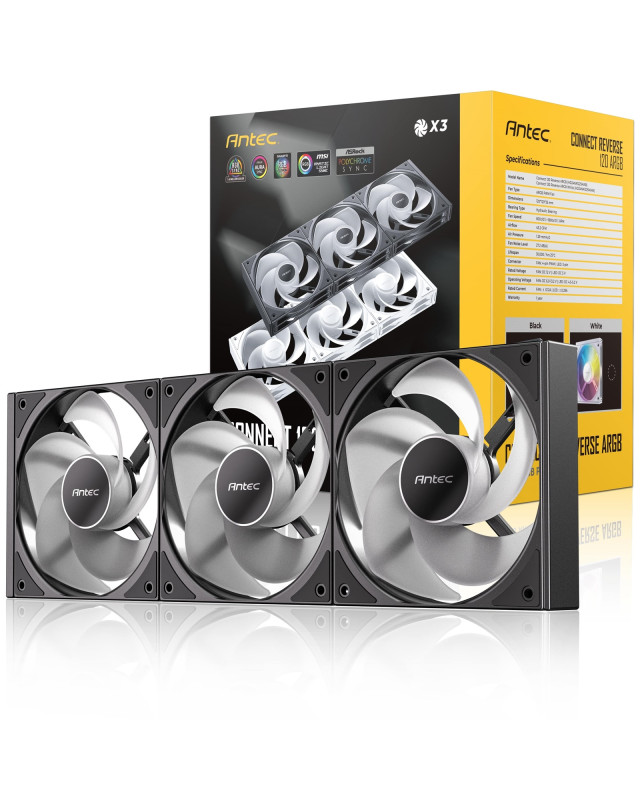 Antec Connect 120 ARGB Reverse 3-Pack 120mm PWM Fans with Daisy Chain Design and Vibration-Absorbing Pads
