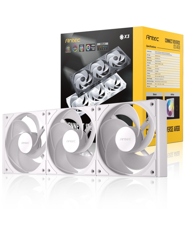 Antec Connect 120 ARGB White Reverse 3-Pack 120mm PWM Fans with Daisy Chain Design and Vibration-Absorbing Pads