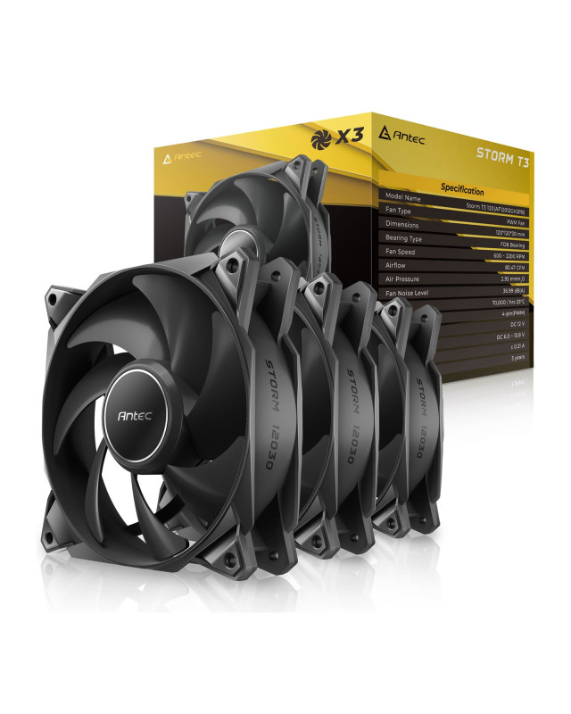 Antec Storm T3 120mm PWM Case Fan, 3 Pack, Fluid Dynamic Bearing, 600-2200 RPM, Black