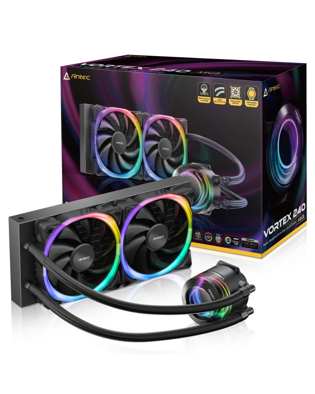 ANTEC Vortex 240 ARGB AiO Liquid CPU Cooler, Universal Socket, 240mm Radiator, PWM 2000RPM Fusion ARGB Cooling Fans, Addressable RGB LED Lighting with Suspended Spiral Pump Head Design