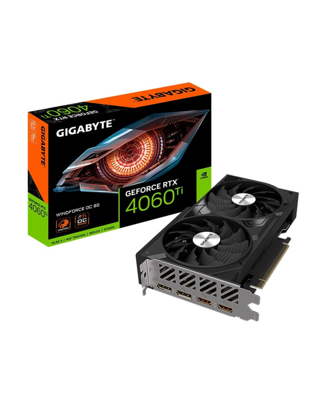 Gigabyte NVIDIA GeForce RTX 4060 Ti WINDFORCE OC 8G Graphics Card, 8GB GDDR6, 4352 CUDA Cores, 2550 MHz Core Clock, Dual Fan, 2x DisplayPorts / 2x HDMI Ports