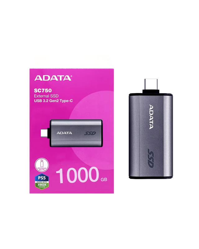 ADATA SC750 1TB USB-C Portable SSD USB 3.2 Gen 2 Up to 1000 MB/s Black Titanium Compatible with Windows, iOS, Android, PlayStation, XBox & Handheld Consoles