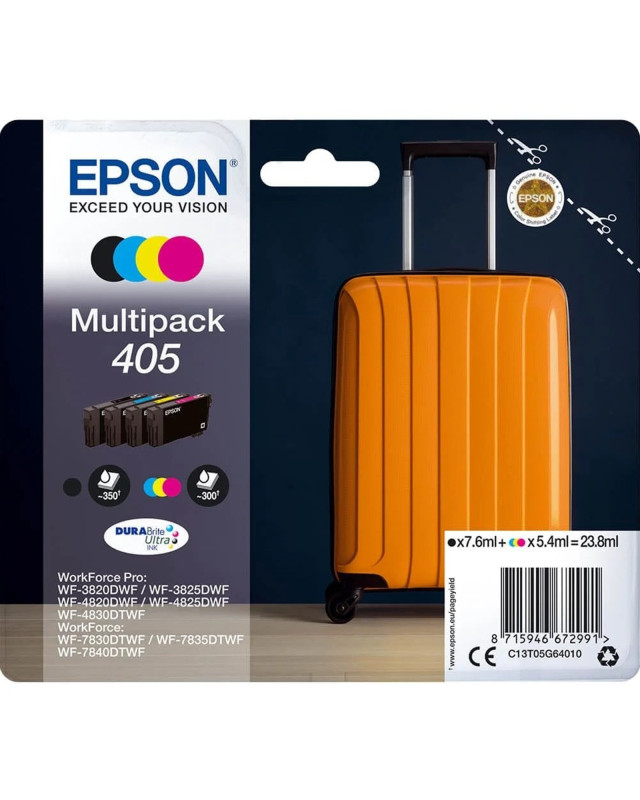 Epson 405 Multipack (Original) - Black, Cyan, Magenta, Yellow DURABrite Ultra Ink Cartridges for Workforce WF-7310, 7830, 7835, 7840, Pro WF-3820, 3825, 4820, 4825, 4830 - 4-Pack