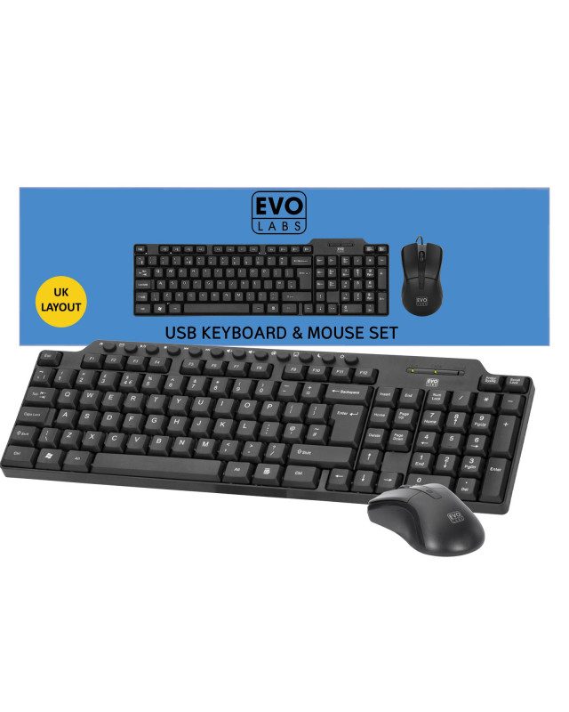 Evo Labs CM-501UK Wired Multimedia Keyboard and Mouse Combo Set, USB Plug and Play, Full Size Qwerty UK Layout Keyboard with Optical Sensor Mouse, Ideal for Home or Office, Black