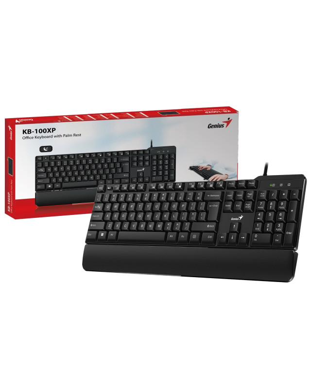 Genius KB-100XP Wired Keyboard, USB Plug and Play, 12 Multimedia Function Keys, Full Size UK QWERTY Layout with Palm Rest for Home or Office, Black