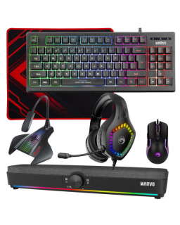 Marvo Scorpion 6-Product Gaming & Streaming Bundle featuring 80% TKL Multimedia Keyboard, Programmable USB Mouse, Non-Slip Mousepad, PC & Console-Compatible RGB Gaming Headset, RGB Stereo Soundbar & USB Streaming Microphone