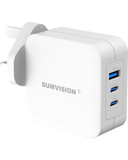SUMVISION Universal 3 Port USB White Laptop Wall Charger, 100W, GaN, Multiport USB Connections with Type-C, USB-A QC 3.0 Fast Charge & USB-A, Includes UK Plug, Suitable for USB-C Laptop Charging, UK Design and Free UK Tech Support