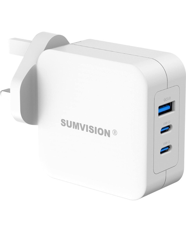 SUMVISION Universal 3 Port USB White Laptop Wall Charger, 100W, GaN, Multiport USB Connections with Type-C, USB-A QC 3.0 Fast Charge & USB-A, Includes UK Plug, Suitable for USB-C Laptop Charging, UK Design and Free UK Tech Support
