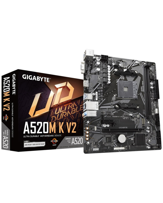 Gigabyte A520M K V2 Ultra Durable AMD AM4 Socket Motherboard, Micro-ATX, 2x DDR4 Slots, 1x M.2 Socket, GbE LAN, 1x D-Sub / 1x HDMI Port
