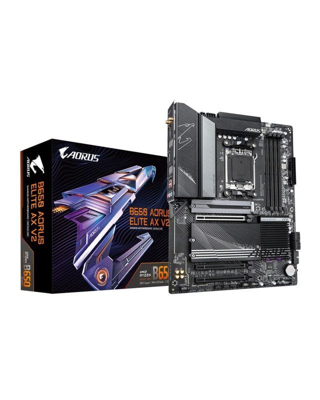 Gigabyte B650 AORUS ELITE AX V2 AMD AM5 Socket Motherboard, ATX, 4x DDR5 Slots, 3x M.2 Sockets, 1x USB-C Port, Fitted I/O Shield, 2.5GbE LAN, Wi-Fi 6E, 1x Display Port 1.4 / 1x HDMI Ports