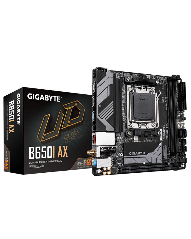 Gigabyte B650I AX Ultra Durable AMD AM5 Socket Motherboard, Mini-ITX, 2x DDR5 Slots, 1x M.2 Socket, 2x USB-C Port, 2.5GbE LAN, Wi-Fi 6E, 1x DisplayPort / 1x HDMI Port