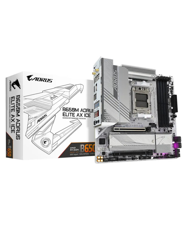 Gigabyte B650M AORUS ELITE AX ICE AMD AM5 Socket Motherboard, Micro-ATX, 4x DDR5 Slots, 2x M.2 Sockets, 2x USB-C Port, Fitted I/O Shield, 2.5GbE LAN, Wi-Fi 6E, 1x DisplayPort / 1x HDMI Port
