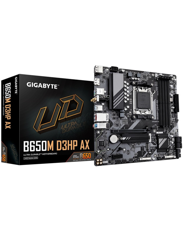 Gigabyte B650M D3HP AX Ultra Durable AMD AM5 Socket Motherboard, Micro-ATX, 4x DDR5 Slots, 2x M.2 Sockets, 2x USB-C Port, 2.5GbE LAN, Wi-Fi 6E, 2x DisplayPorts / 1x HDMI Port