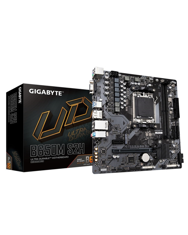 Gigabyte B650M S2H Ultra Durable AMD AM5 Socket Motherboard, Micro-ATX, 2x DDR5 Slots, 1x M.2 Socket, GbE LAN, 1x D-Sub / 1x DisplayPort / 1x HDMI Port