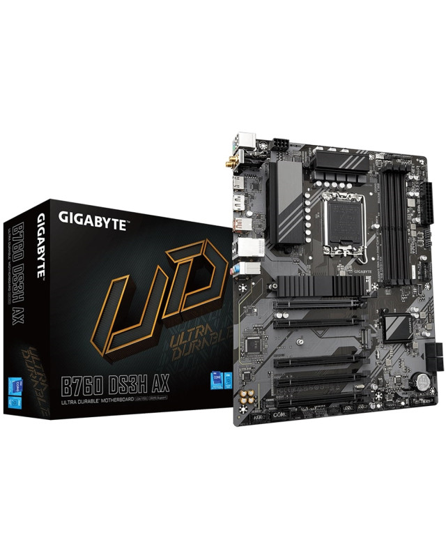 Gigabyte B760 DS3H AX Ultra Durable Intel 1700 Socket Motherboard, ATX, 4x DDR5 Slots, 2x M.2 Sockets, 2x USB-C Port, Fitted I/O Shield, GbE LAN, Wi-Fi 6E, 1x DisplayPort / 1x HDMI Port