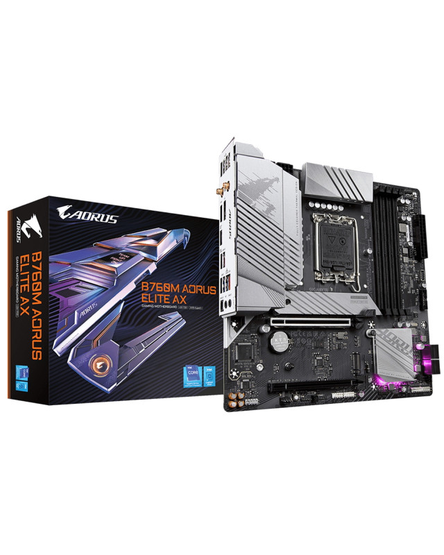 Gigabyte B760M AORUS ELITE AX Intel 1700 Socket Motherboard, Micro-ATX, 4x DDR5 Slots, 2x M.2 Sockets, 2x USB-C Port, Fitted I/O Shield, 2.5GbE LAN, Wi-Fi 6E, 1x DisplayPort / 1x HDMI Port