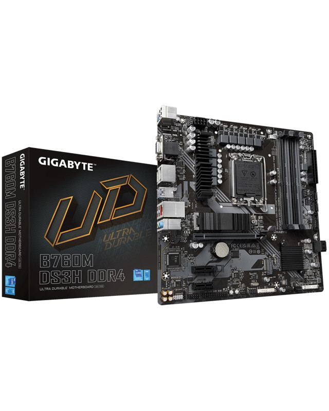 Gigabyte B760M DS3H DDR4 Ultra Durable Intel 1700 Socket Motherboard, Micro-ATX, 4x DDR4 Slots, 2x M.2 Sockets, 1x USB-C Port, 2.5GbE LAN, 1x D-Sub / 2x DisplayPorts / 1x HDMI Port