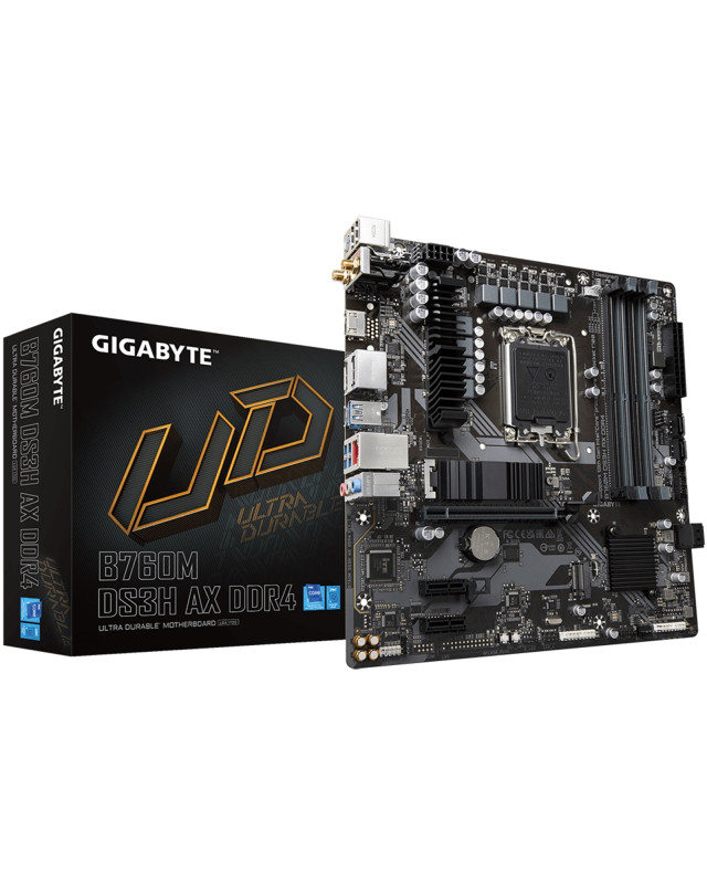 Gigabyte B760M DS3H AX DDR4 Ultra Durable Intel 1700 Socket Motherboard, Micro-ATX, 4x DDR4 Slots, 2x M.2 Sockets, 1x USB-C Port, 2.5GbE LAN, Wi-Fi 6E, 1x D-Sub / 1x DisplayPort / 1x HDMI Port