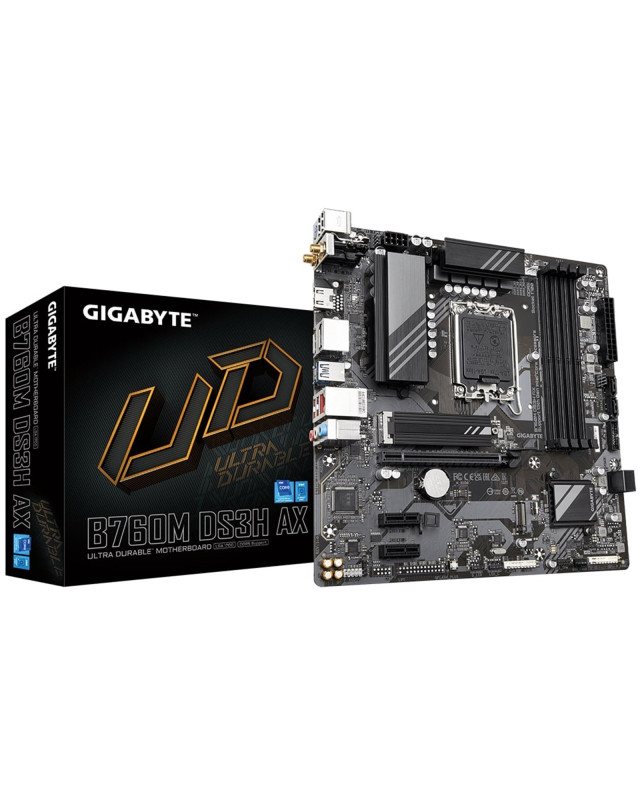 Gigabyte B760M DS3H AX Ultra Durable Intel 1700 Socket Motherboard, Micro-ATX, 4x DDR5 Slots, 2x M.2 Sockets, 1x USB-C Port, 2.5GbE LAN, Wi-Fi 6E, 2x DisplayPorts / 1x HDMI Port