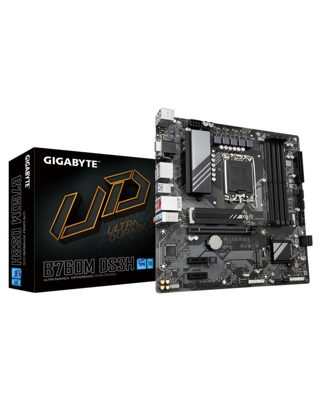 Gigabyte B760M DS3H Ultra Durable Intel 1700 Socket Motherboard, Micro-ATX, 4x DDR5 Slots, 2x M.2 Sockets, 1x USB-C Port, 2.5GbE LAN, 1x D-Sub / 2x DisplayPorts / 1x HDMI Port