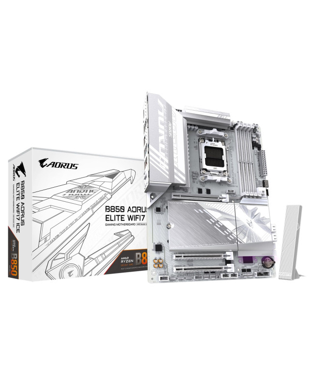 Gigabyte B850 AORUS ELITE WIFI7 ICE AMD AM5 Socket Motherboard, ATX, 4x DDR5 Slots, 3x M.2 Sockets, 2x USB-C Port, Fitted I/O Shield, 2.5GbE LAN, Wi-Fi 7, 1x DisplayPort / 1x HDMI Port