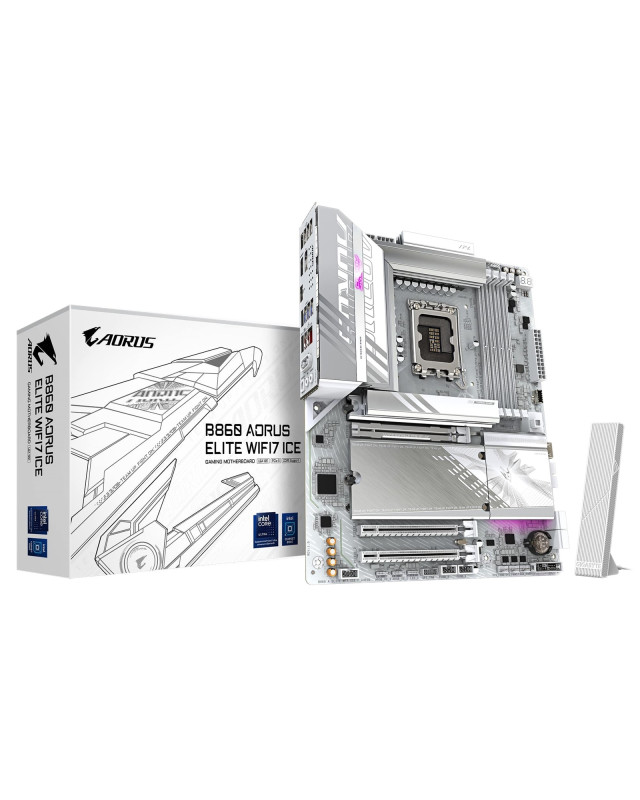Gigabyte B860 AORUS ELITE WIFI7 ICE Intel 1851 Socket Motherboard, ATX, 4x DDR5 Slots, 3x M.2 Sockets, 2x USB-C Port, Fitted I/O Shield, 2.5GbE LAN, Wi-Fi 7, 1x DisplayPort / 2x HDMI / 1x USB-C (USB4)