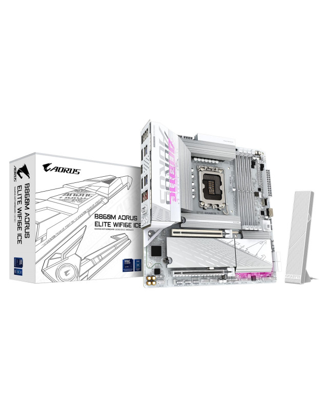 Gigabyte B860M AORUS ELITE WIFI6E ICE Intel 1851 Socket Motherboard, Micro-ATX, 4x DDR5 Slots, 3x M.2 Sockets, 2x USB-C Port, Fitted I/O Shield, 2.5GbE LAN, Wi-Fi 6E, 1x DisplayPort / 2x HDMI / 1x USB-C (USB4)