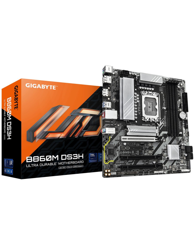Gigabyte B860M DS3H Intel 1851 Socket Motherboard, Micro-ATX, 4x DDR5 Slots, 2x M.2 Sockets, 1x USB-C Port, 2.5GbE LAN, 2x DisplayPorts / 1x HDMI Port