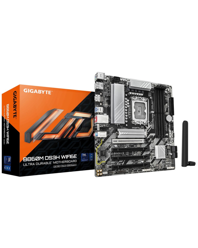 Gigabyte B860M DS3H WIFI6E Intel 1851 Socket Motherboard, Micro-ATX, 4x DDR5 Slots, 2x M.2 Sockets, 1x USB-C Port, 2.5GbE LAN, Wi-Fi 6E, 2x DisplayPorts / 1x HDMI Port