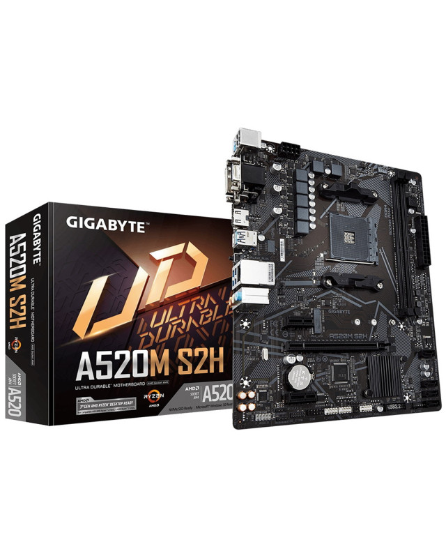 Gigabyte A520M S2H Ultra Durable AMD AM4 Socket Motherboard, Micro-ATX, 2x DDR4 Slots, 1x M.2 Socket, GbE LAN, 1x D-Sub / 1x DVI-D / 1x HDMI Port