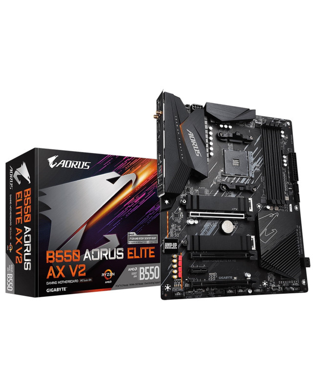 Gigabyte B550 AORUS ELITE AX V2 AMD AM4 Socket Motherboard, ATX, 4x DDR4 Slots, 2x M.2 Sockets, 1x USB-C Port, Fitted I/O Shield, 2.5GbE LAN, Wi-Fi 6E, 1x DisplayPort / 1x HDMI Port